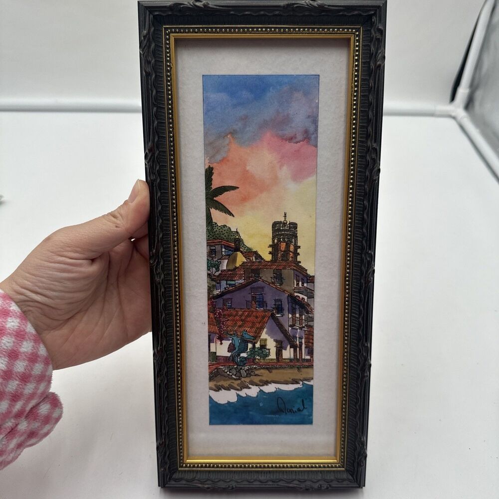 Watercolor Painting Signed By Danial Red Roof Ocean Beach Seahorse Framed